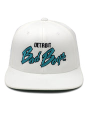 Detroit Bad Boys Flat Bill White with Script Teal and side logo